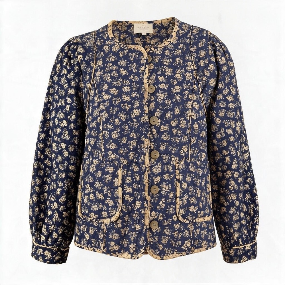 Sezane Quilted Floral Jacket Womens 34 (XS) Navy Cream Puff Sleeve Cotton #3094